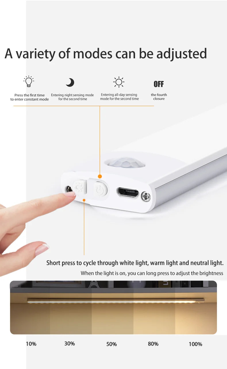 Luminária LED com Sensor de Movimento – Fina, Sem Fios e Recarregável para Armários e Ambientes Internos