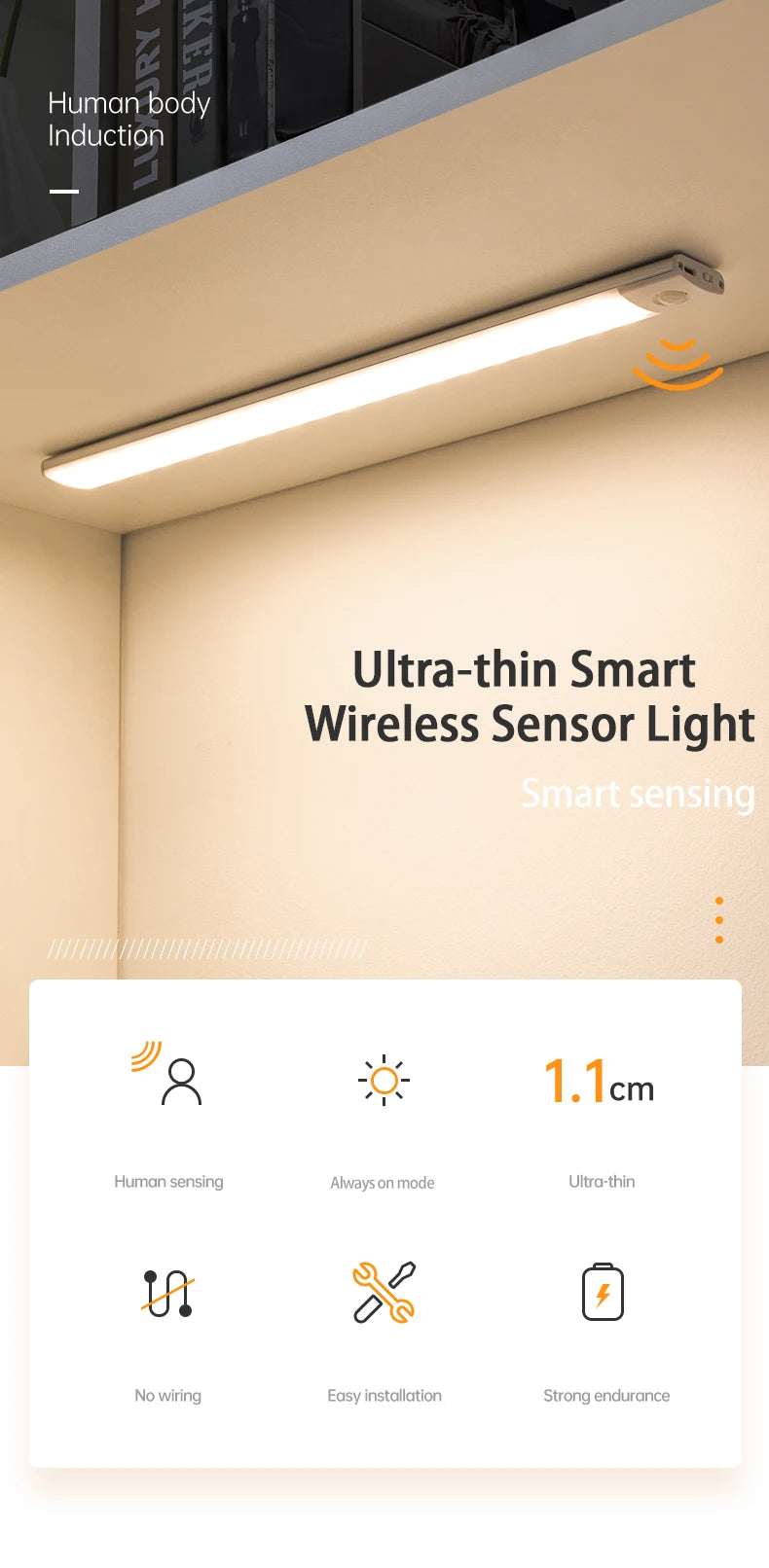 Luminária LED com Sensor de Movimento – Fina, Sem Fios e Recarregável para Armários e Ambientes Internos