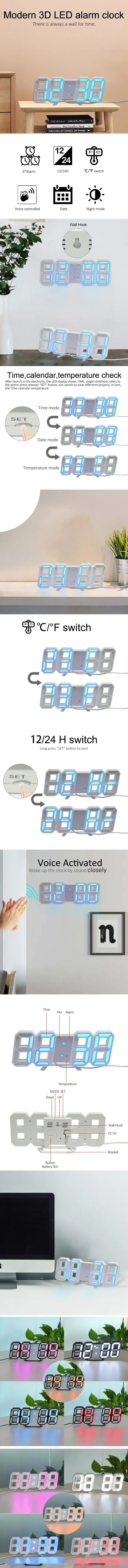 Relógio Digital 3D LED – Display de Hora, Data e Temperatura para Casa, Cozinha e Escritório