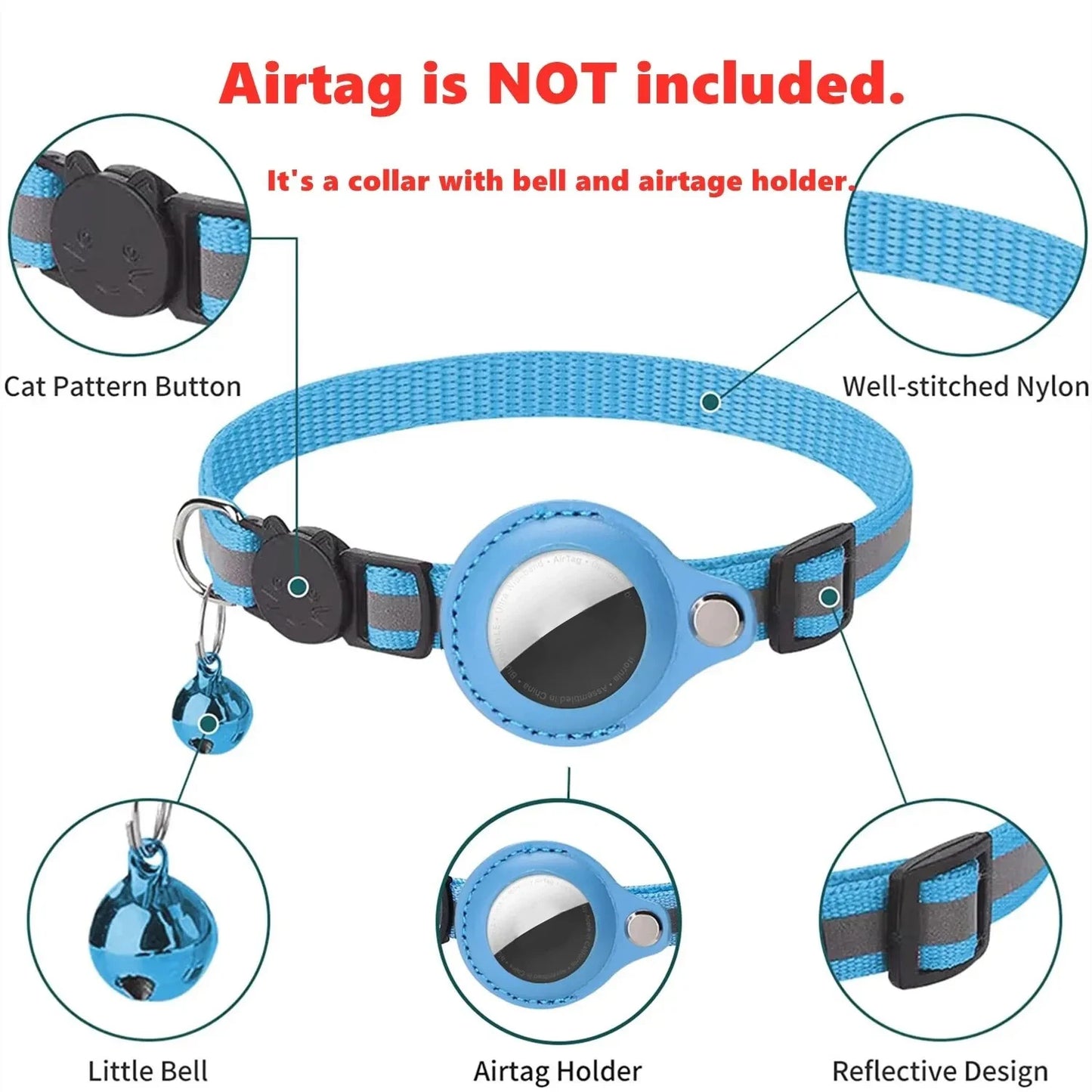 Coleira Antiperda para Gatos Compatível com AirTag – Com Case Protetora, Sino e Faixa Refletiva, Acessório para Gatinhos e Pets