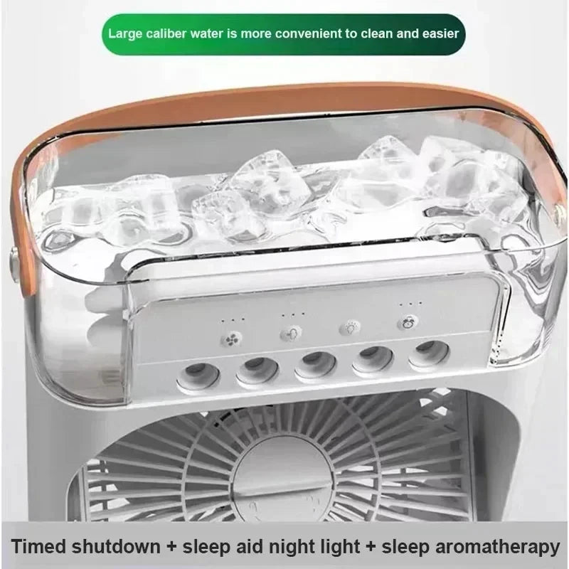 Mini Ar-Condicionado Portátil 3 em 1 – Resfriamento com Névoa de Água e Luz LED