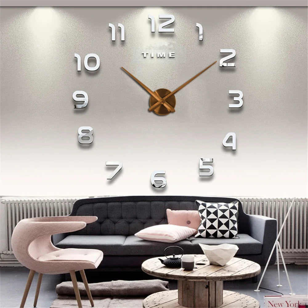 Relógio de Parede Grande DIY – Design Moderno com Espelho Acrílico e Movimento Quartz