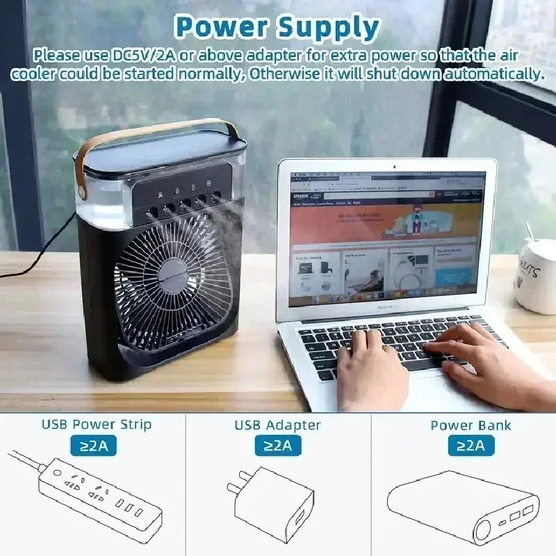 Mini Ar-Condicionado Portátil 3 em 1 – Resfriamento com Névoa de Água e Luz LED
