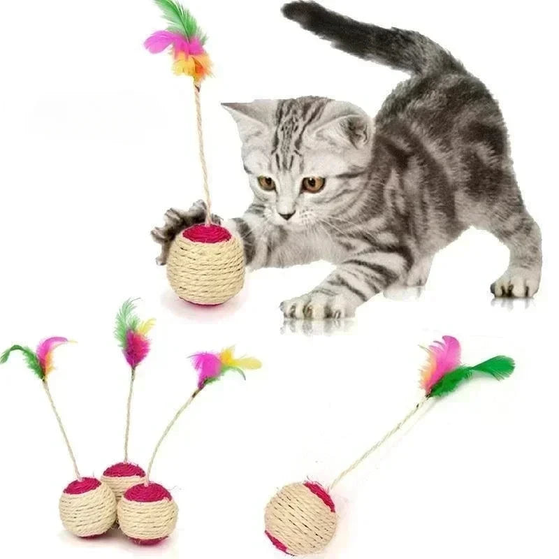 Brinquedo Interativo para Gatos – Bola Arranhadora de Sisal com Penas, Ideal para Treinamento e Diversão de Gatinhos